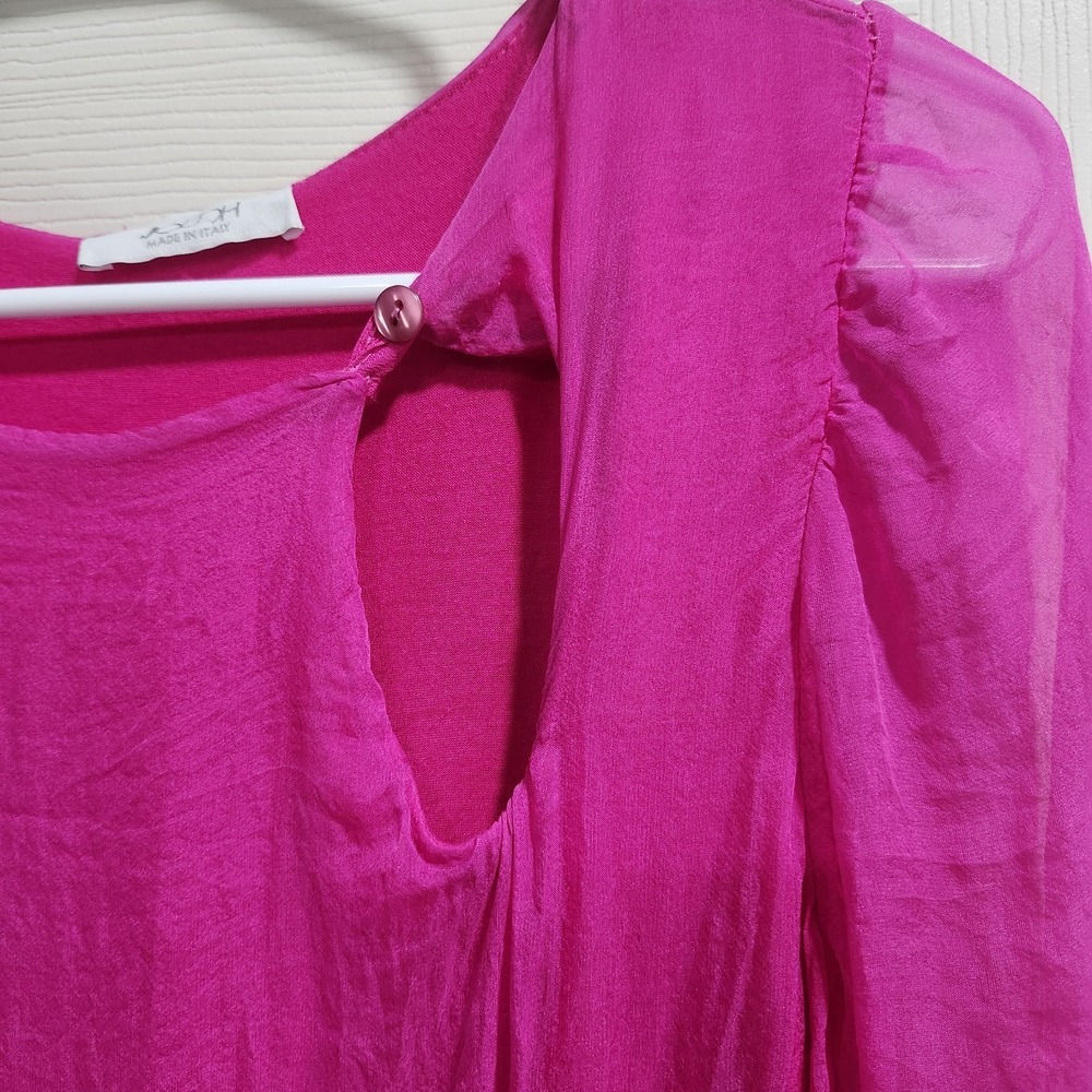 JOSH Made Italy Silk Blouse Womens Fuchsia Pink Sheer Sleeve Keyhole Top - Picture 5 of 12